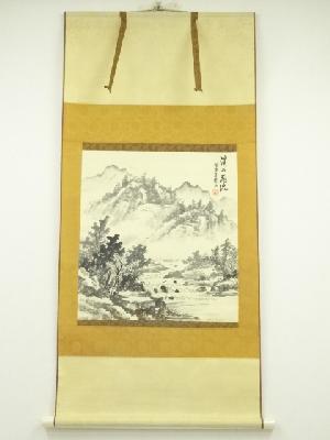 錦山筆　渓山清流　水墨山水　肉筆絹本掛軸